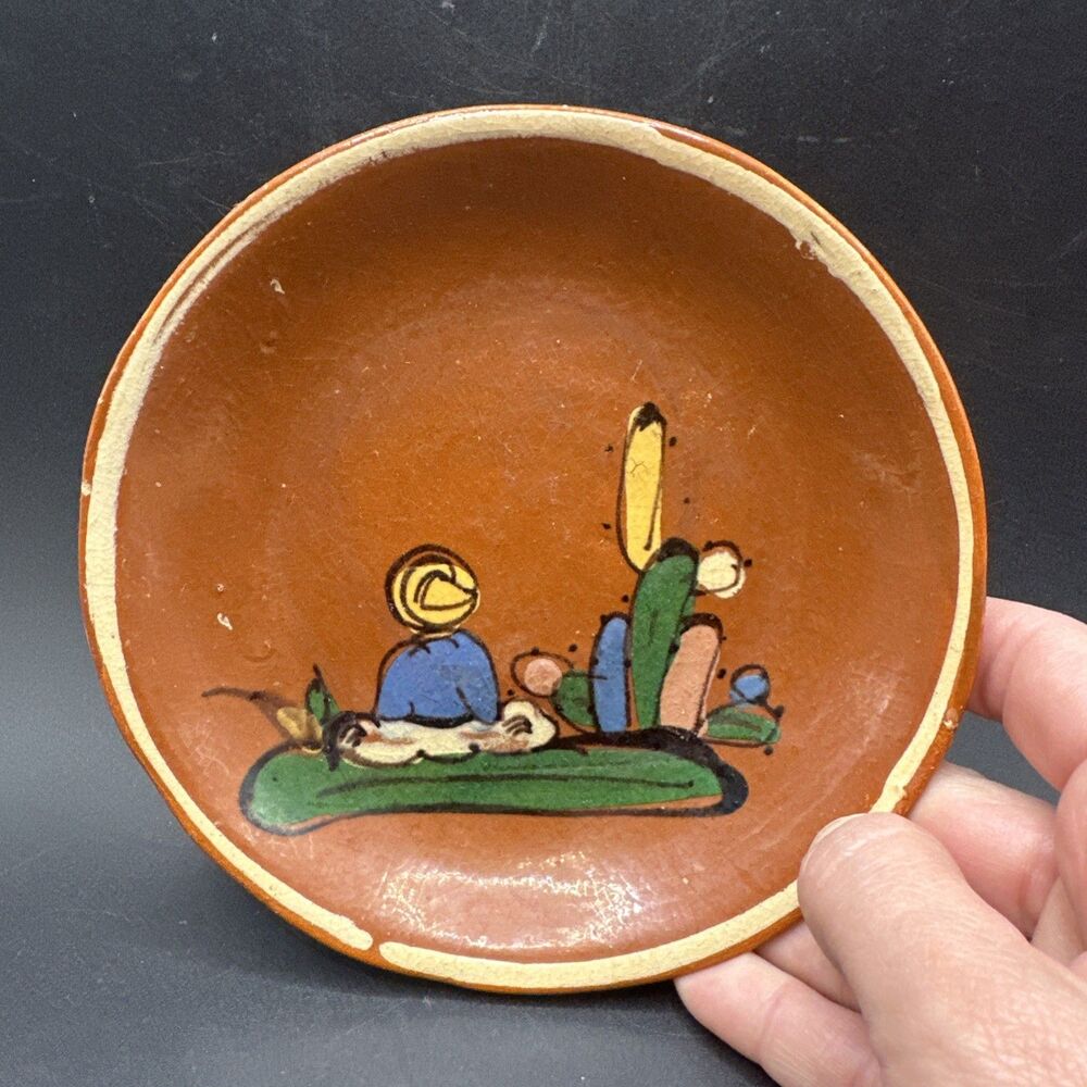 Vtg Mexico MEXICAN FOLK ART Clay Tlaquepaque Pottery Plate 5.5" Brown